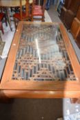 Large Chinese hardwood opium type coffee table, the centre with pierced wooden mesh type design with