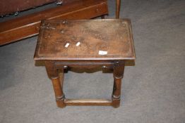 Antique oak and burr oak joint stool of rectangular form, raised on turned legs, 48cm wide