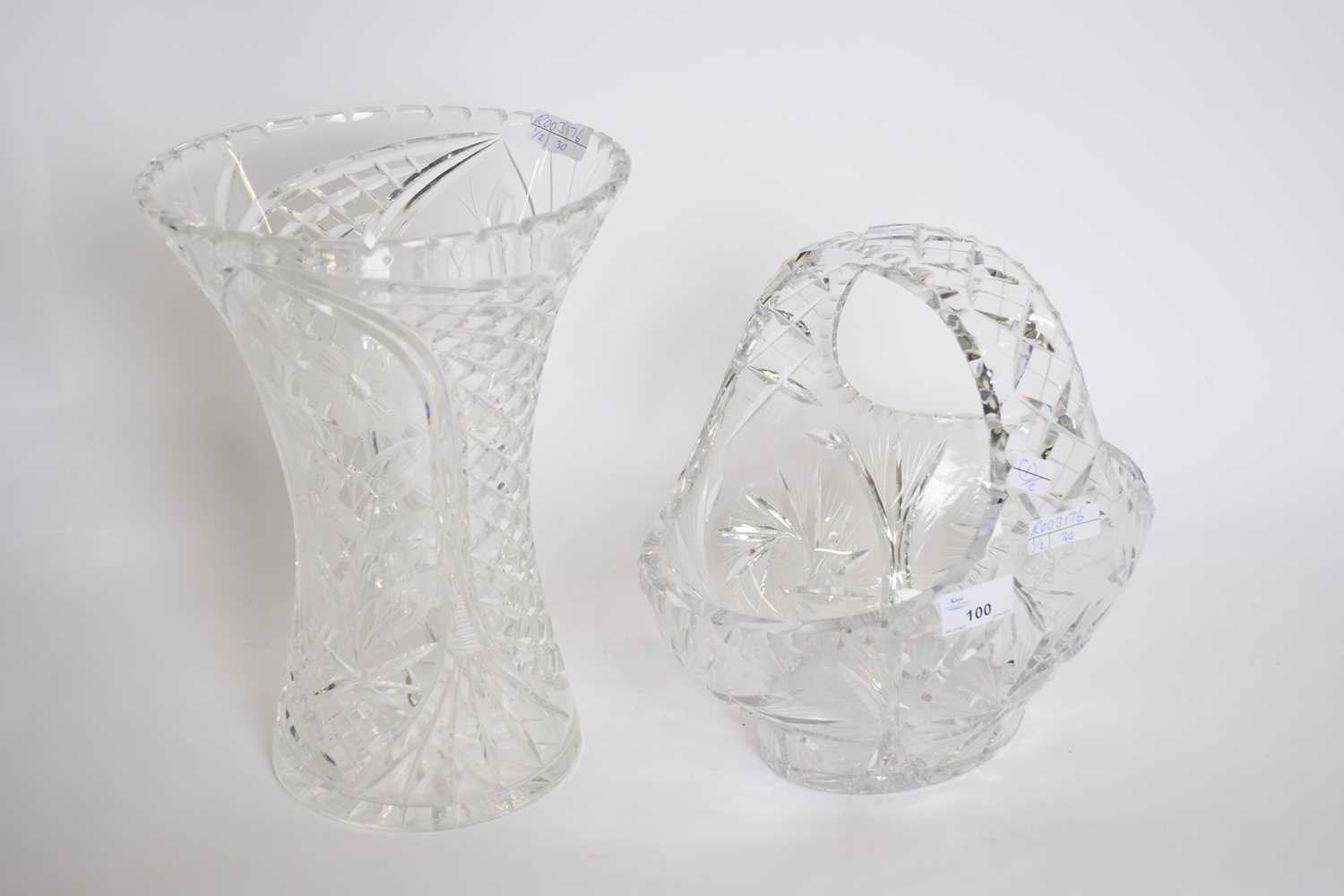 Tall cut glass vase decorated with flowers and a further cut glass bowl (2)