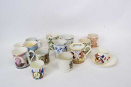 Quantity of mainly WWI commemorative peace mugs including Royal Doulton examples in green and sepia,