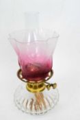Small Victorian glass oil lamp with cranberry shade, floral design