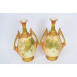 Pair of early 20th century Royal Worcester vases, the ovoid bodies with blush ground and green and