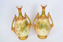 Pair of early 20th century Royal Worcester vases, the ovoid bodies with blush ground and green and