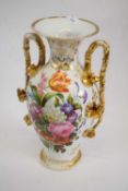 Large Continental porcelain baluster vase with floral decoration and with applied gilt flowers and