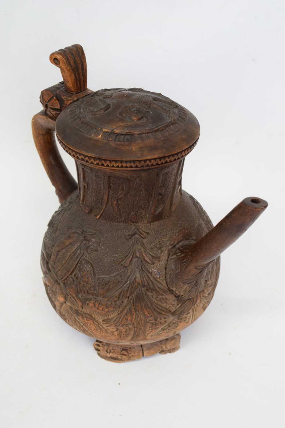 An unusual European, probably Black Forest, wooden coffee pot, probably for marriage, the neck - Image 2 of 3