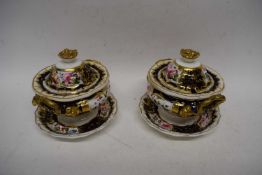 Pair of dessert tureens and covers, probably Coalport, both with blue and gilt decoration