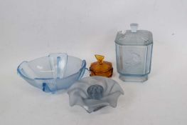 Quantity of Art Deco glass wares including a blue glass box and cover, Art Deco shaped glass bowl