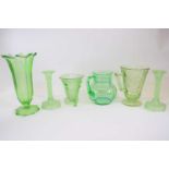 Group of uranium glasswares comprising; celery vase, art deco vase possibly James Powell & Sons, 2