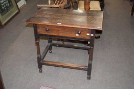 17th century and later oak single drawer side table raised on turned legs with stretcher surround,