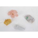 Bag containing a number of glass animals including a pink coloured toad, a soapstone model (4)