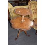 Victorian walnut and marquetry inlaid two-tier table or dumb waiter, raised on a tripod base, 83cm