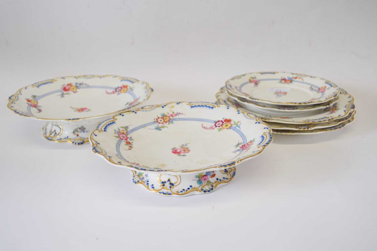 Group of English porcelains, all decorated in Sevres style, comprising low tazza, pattern no 6101,