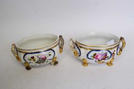 Pair of 19th century Derby porcelain tureens of bombe form with floral designs, 18cm long (some