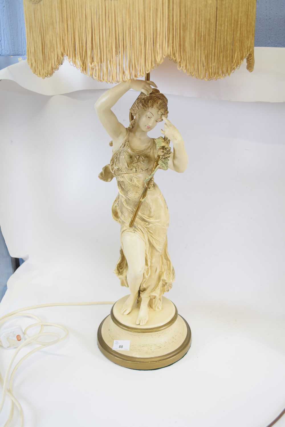 Two impressive Art Nouveau style table lamps with shades, both supported on classical maidens in - Image 2 of 2