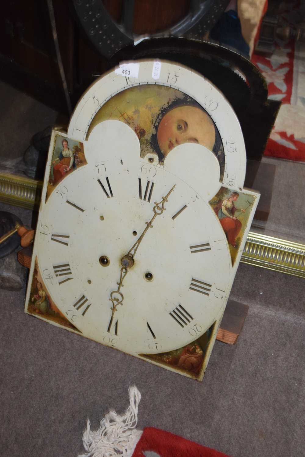 19th century longcase clock movement, the painted face with Roman numerals and moon phase dial to