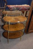 Pair of Continental three tier kidney shaped etagere tables, decorated with geometric and floral