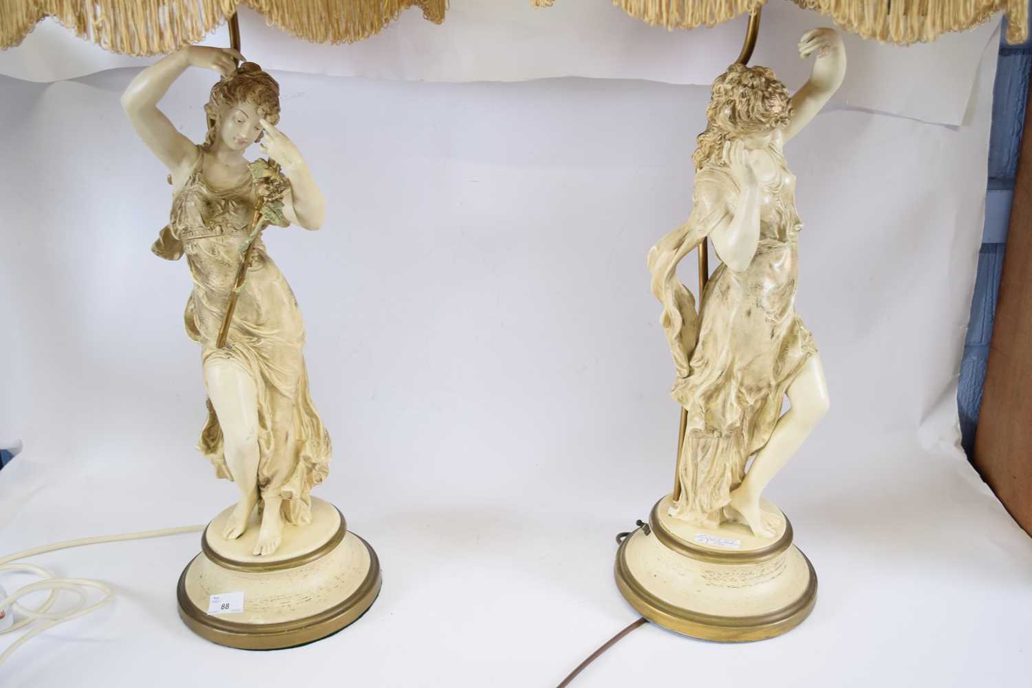 Two impressive Art Nouveau style table lamps with shades, both supported on classical maidens in