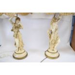 Two impressive Art Nouveau style table lamps with shades, both supported on classical maidens in