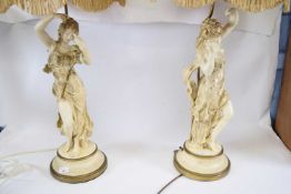 Two impressive Art Nouveau style table lamps with shades, both supported on classical maidens in