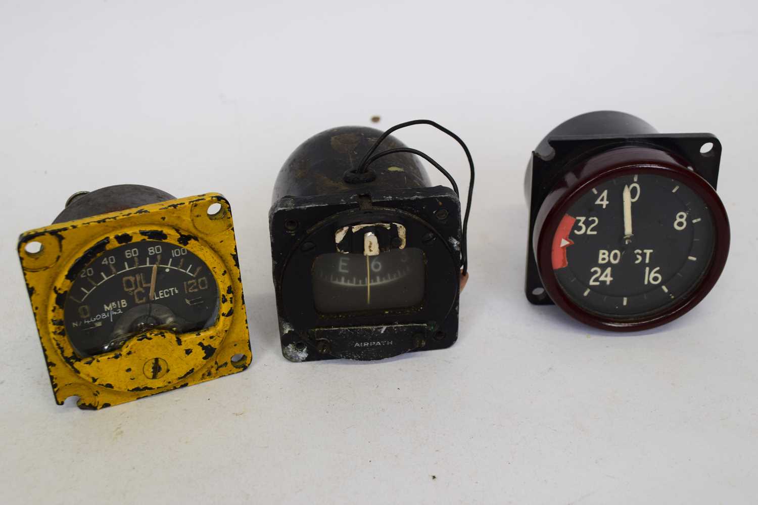 Group of three RAF gauges, one with Air Ministry stamp part no 6A/134, further one in Bakelite