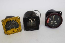 Group of three RAF gauges, one with Air Ministry stamp part no 6A/134, further one in Bakelite