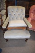 Victorian pale blue upholstered button back library armchair together with a similarly upholstered