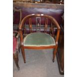 Edwardian mahogany framed and inlaid bow back armchair with green upholstered seat, 53cm wide