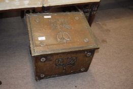 Late 19th/early 20th century copper mounted wooden coal box decorated with Art Nouveau floral motif,