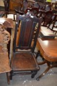 17th or early 18th century oak side chair with arched frame, panelled back and panelled seat over