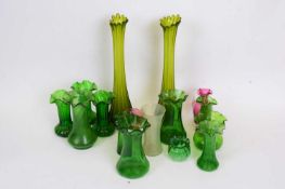 Quantity of mainly green glass vases, all Art Deco designs (qty)