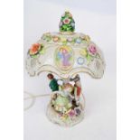 Continental porcelain lamp and shade with applied floral decoration, the base with series of