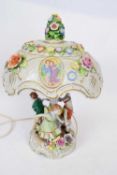 Continental porcelain lamp and shade with applied floral decoration, the base with series of