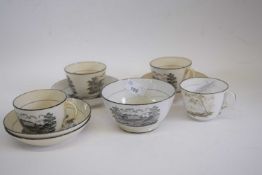 Group of early 19th century New Hall black printed wares in the Deer Park pattern, also including