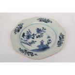 18th century Chinese porcelain plate, octagonal shape with blue and white floral design within a