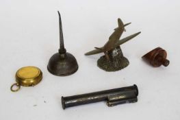 Small box containing brass model of a Spitfire, and other items including a brass compass