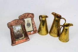 Group of Art Nouveau copper photo frames and brass jugs by Stanley with Art Nouveau designs