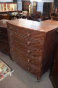 Large Victorian bow front chest of two short over four long drawers with turned knob handles, raised