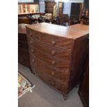 Large Victorian bow front chest of two short over four long drawers with turned knob handles, raised