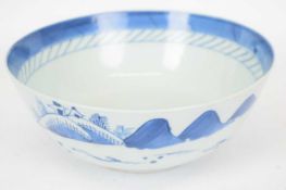 Chinese porcelain bowl with blue and white design of pagodas, 23cm diam