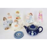 Group of porcelain figures, Royal Doulton 'Jane', Royal Worcester 'Old Country Ways',. Royal