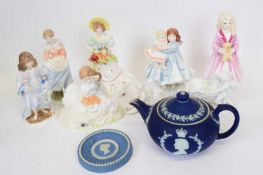 Group of porcelain figures, Royal Doulton 'Jane', Royal Worcester 'Old Country Ways',. Royal