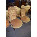 Pair of Victorian walnut framed ladies and gents balloon back chairs with buttoned upholstered and