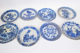 Group of eight Chinese porcelain blue and white plates, all with Kangxi type designs (some damage)