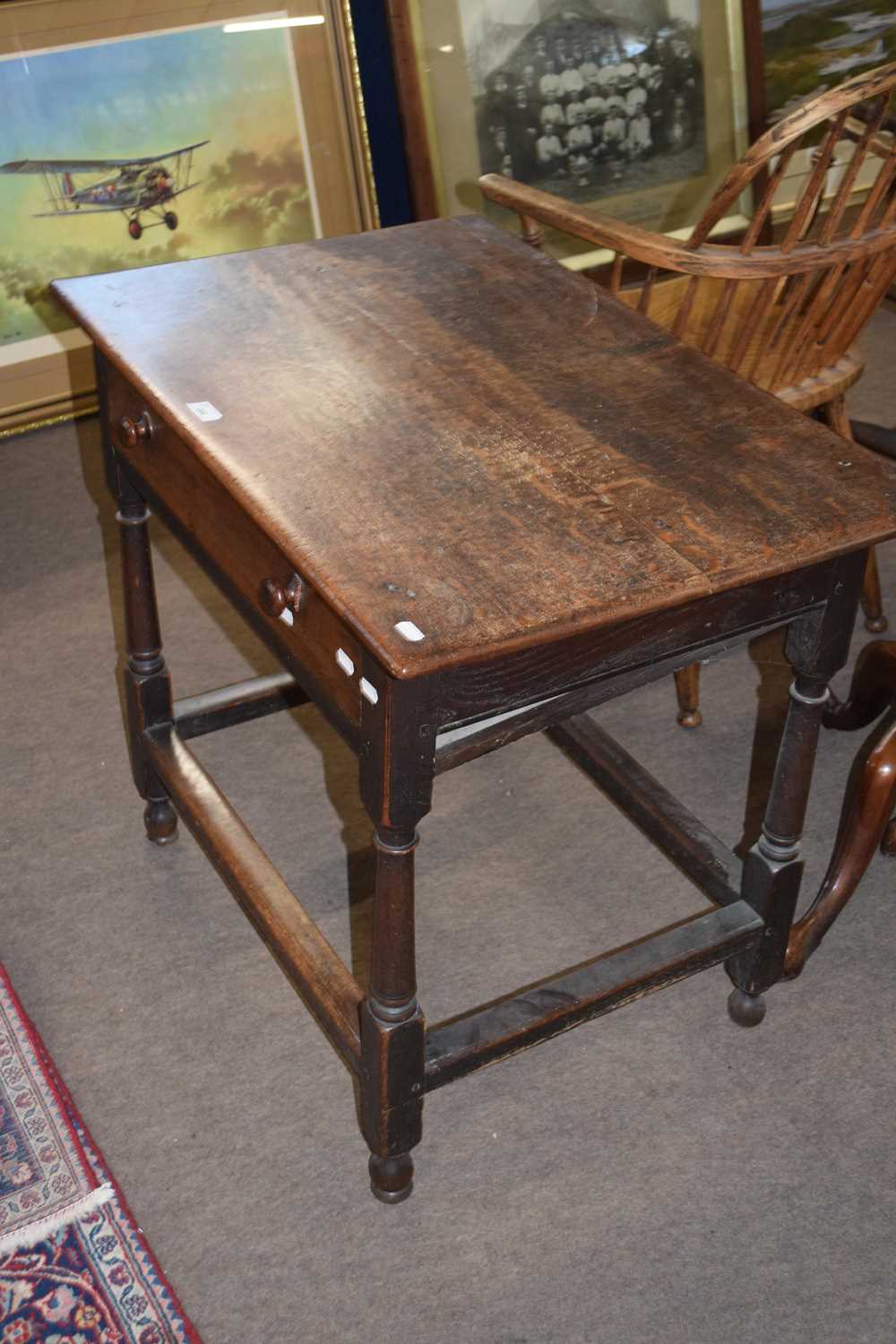 17th century and later oak single drawer side table raised on turned legs with stretcher surround, - Image 2 of 2