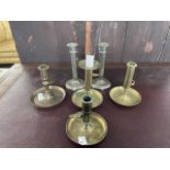 Collection of brass and white metal candlesticks and chamber sticks, (6)