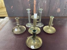 Collection of brass and white metal candlesticks and chamber sticks, (6)