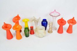 Quantity of coloured glass jack in the pulpit vases including some Art Nouveau Loetz style examples,