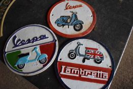 Cast motorcycle intrest signs 1 lambretta and 2 vespa