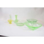 Group of uranium glasswares comprising 3 bowls, 2 candlesticks and small vase probably by James