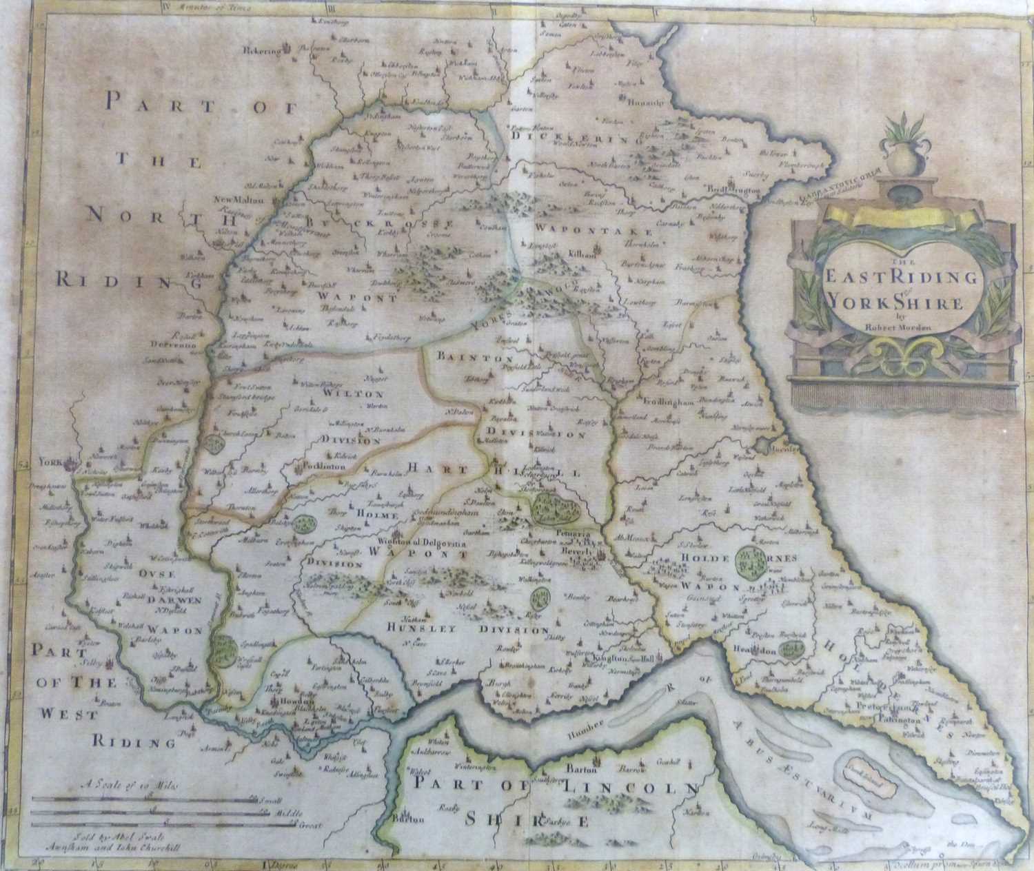 ROBERT MORDEN: THE EAST RIDING OF YORKSHIRE, engraved hand coloured map [1695], browned, approx - Image 2 of 2